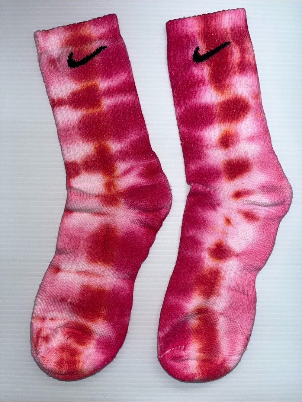Nike Pink and Orange Tie-Dye Crew Socks with Black Swoosh